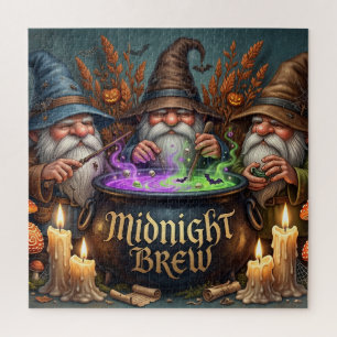 Halloween Wizard Gnomes Midnight Brew Cauldron Jigsaw Puzzle