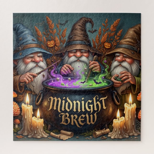 Halloween Wizard Gnomes Midnight Brew Cauldron Jigsaw Puzzle (Vertical)