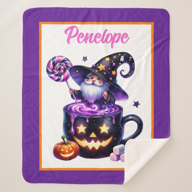 Halloween Wizard In Pumpkin Mug Lollipop Magic Sherpa Blanket (Front)