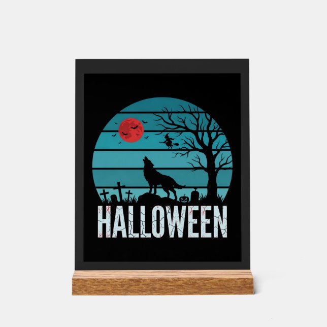 Halloween Wolf Graveyard Moon Vector Acrylic Sign (Front)