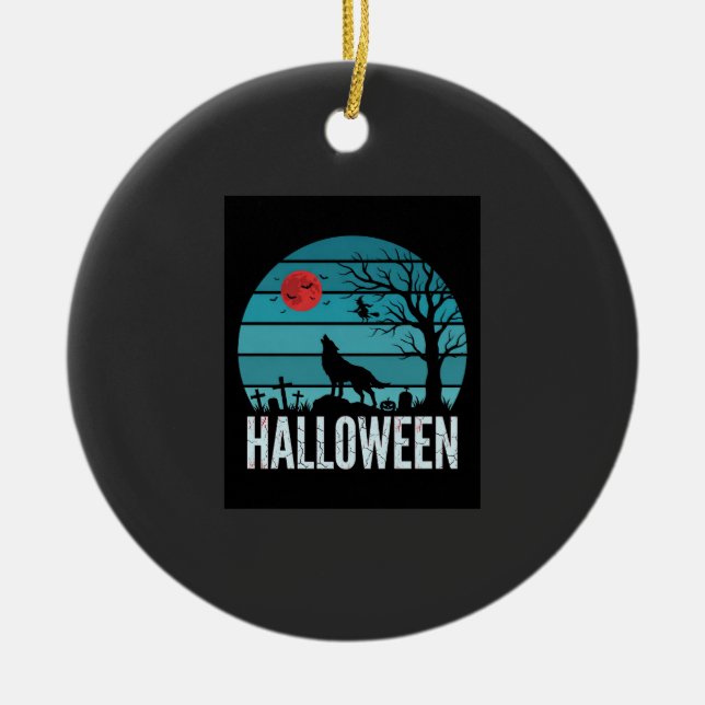 Halloween Wolf Graveyard Moon Vector Ceramic Tree Decoration (Front)