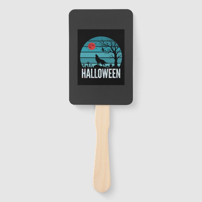 Halloween Wolf Graveyard Moon Vector Hand Fan (Front)