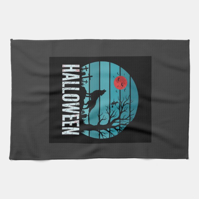 Halloween Wolf Graveyard Moon Vector Tea Towel (Horizontal)
