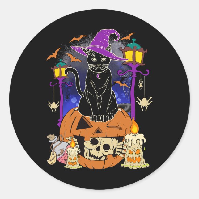 Halloween Women Men Kids Halloween Black Cat Pumpk Classic Round Sticker (Front)