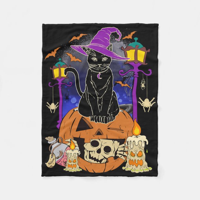 Halloween Women Men Kids Halloween Black Cat Pumpk Fleece Blanket (Front)