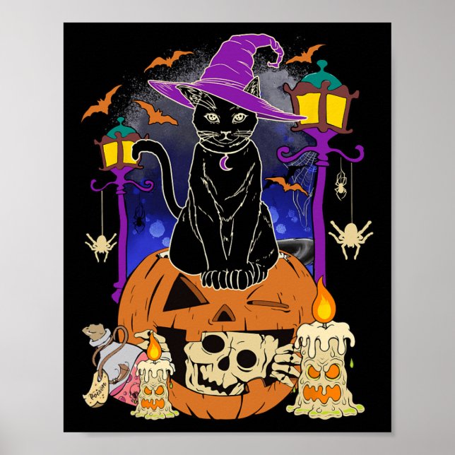 Halloween Women Men Kids Halloween Black Cat Pumpk Poster (Front)