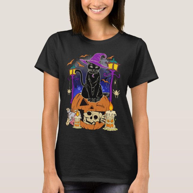 Halloween Women Men Kids Halloween Black Cat Pumpk T-Shirt (Front)