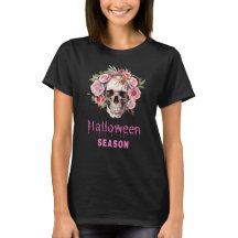 Halloween women’s t-shirt with skull & pink roses