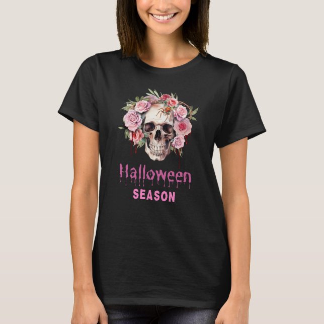 Halloween women’s t-shirt with skull & pink roses (Front)