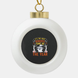 Halloween Wonderful Time Ghost and Pumpkin Vintage Ceramic Ball Christmas Ornament