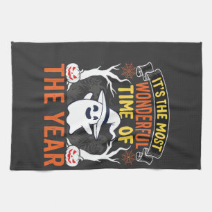 Halloween Wonderful Time Ghost and Pumpkin Vintage Tea Towel