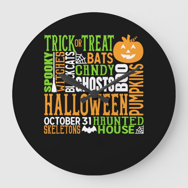 Halloween Word Jumble Colourful Cute Spider Pumpki Large Clock (Front)