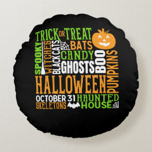 Halloween Word Jumble Colourful Cute Spider Pumpki Round Cushion