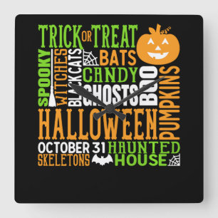 Halloween Word Jumble Colourful Cute Spider Pumpki Square Wall Clock