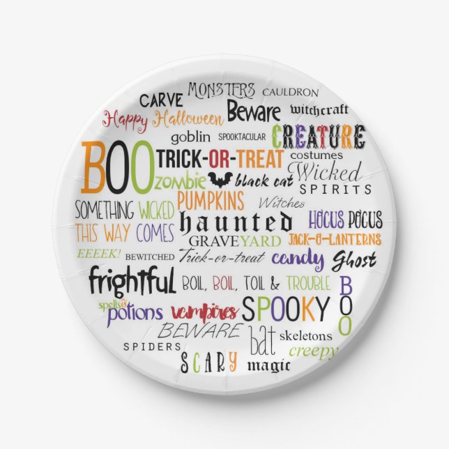 Halloween Words Typography Fun Party Plates (Front)