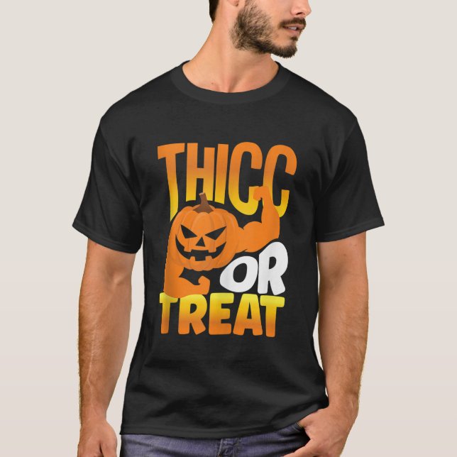 Halloween Workout Pumpkin Weightlifting Thicc Or T T-Shirt (Front)