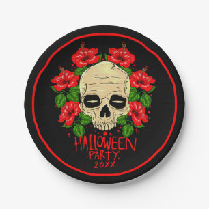 Halloween Year 20xx Skull Red Hibiscus Black  7" Paper Plate