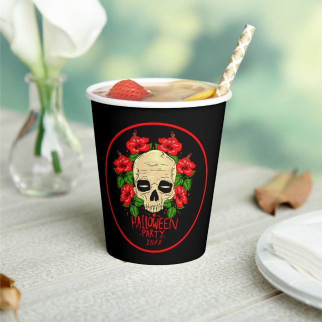 Halloween Year 20xx Skull Red Hibiscus Black Paper Cups (Insitu)