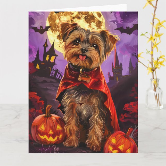 Halloween Yorkipoo Vampire Pumpkins Scary Card (Yellow Flower)