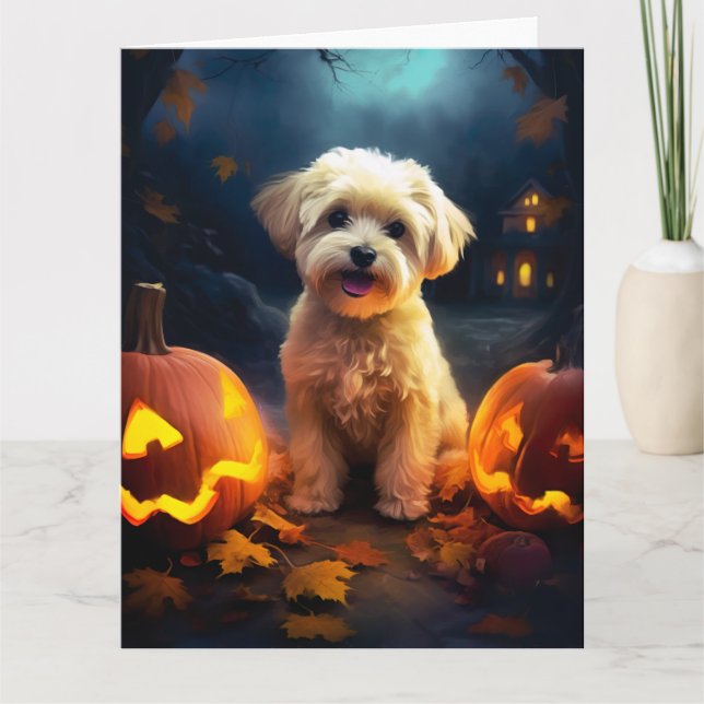 Halloween Yorkipoo With Pumpkins Scary Card (Front)