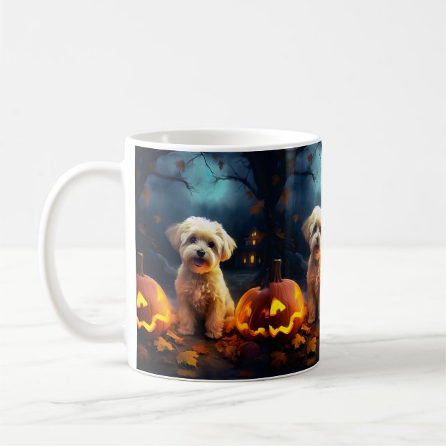 Halloween Yorkipoo With Pumpkins Scary Coffee Mug (Left)