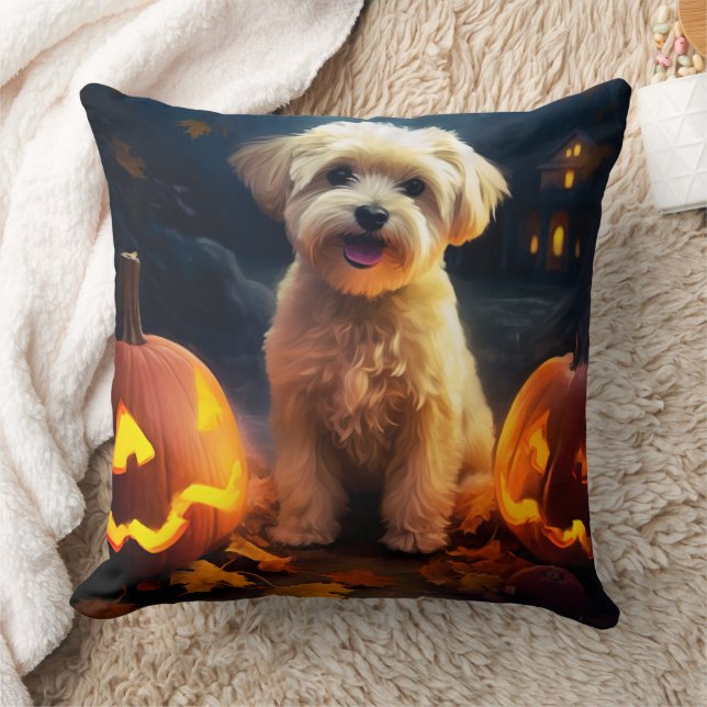 Halloween Yorkipoo With Pumpkins Scary Cushion (Blanket)
