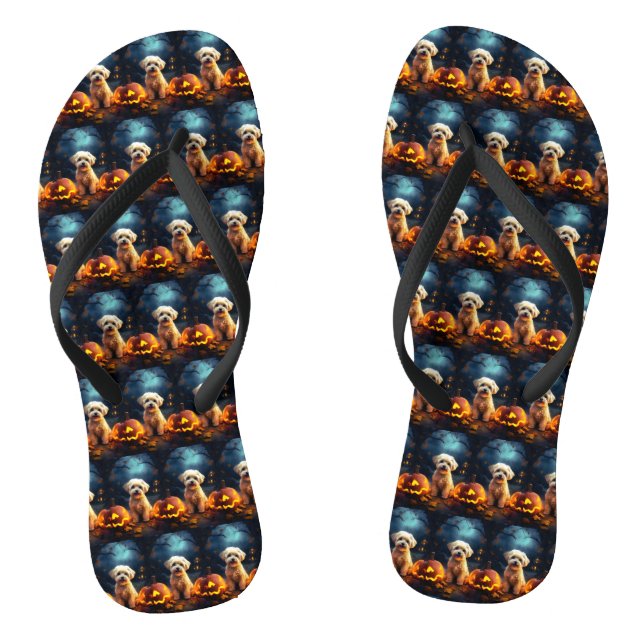 Halloween Yorkipoo With Pumpkins Scary Flip Flops (Footbed)