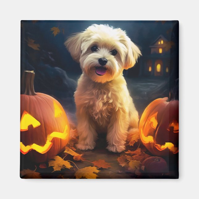 Halloween Yorkipoo With Pumpkins Scary Magnet (Front)