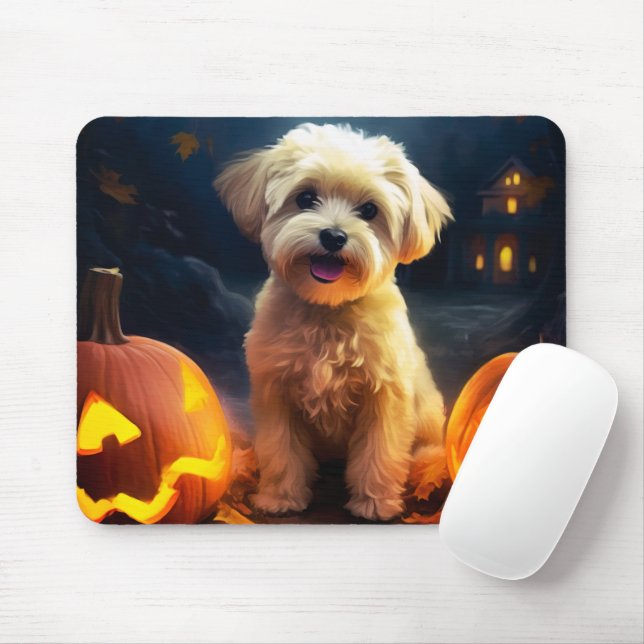 Halloween Yorkipoo With Pumpkins Scary Mouse Mat (With Mouse)