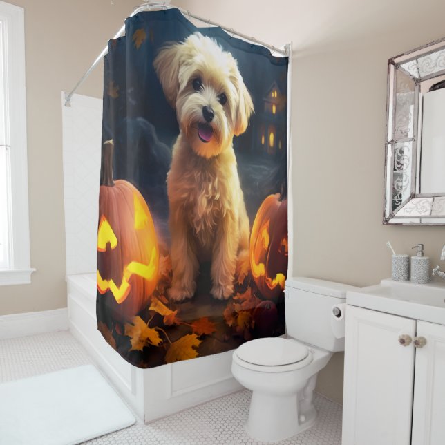 Halloween Yorkipoo With Pumpkins Scary Shower Curtain (In Situ)