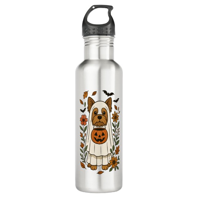 Halloween Yorkshire Terrier Flowers Halloween 710 Ml Water Bottle (Front)