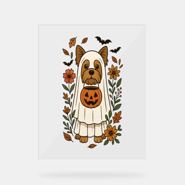 Halloween Yorkshire Terrier Flowers Halloween Acrylic Sign (Front)