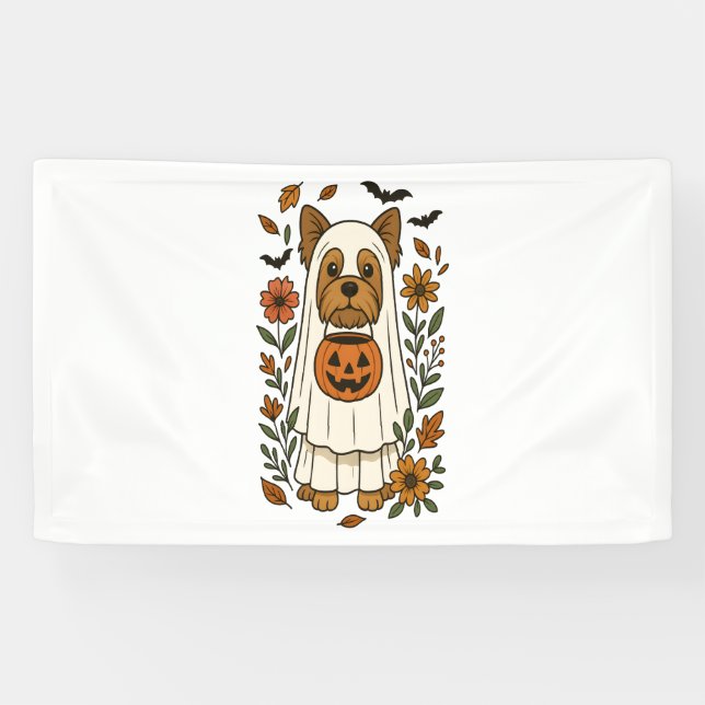 Halloween Yorkshire Terrier Flowers Halloween Banner (Horizontal)