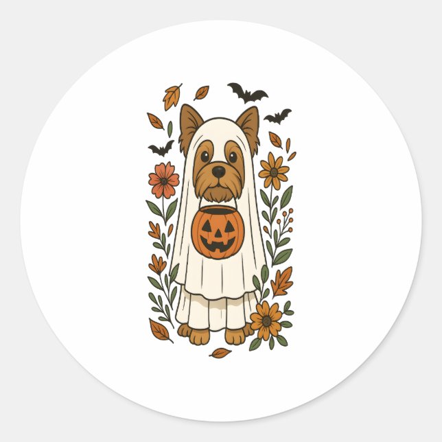 Halloween Yorkshire Terrier Flowers Halloween Classic Round Sticker (Front)