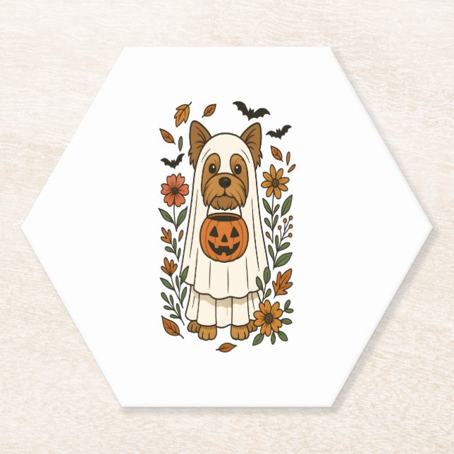 Halloween Yorkshire Terrier Flowers Halloween Paper Coaster (Front)