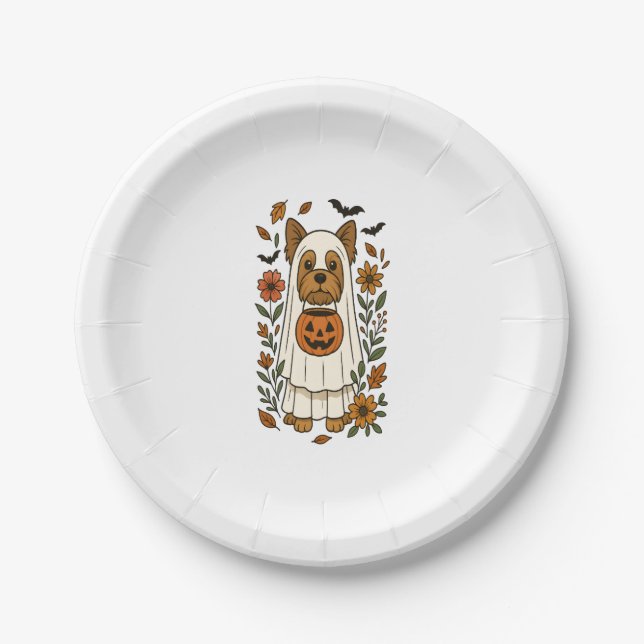Halloween Yorkshire Terrier Flowers Halloween Paper Plate (Front)