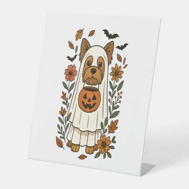 Halloween Yorkshire Terrier Flowers Halloween Pedestal Sign (Front)