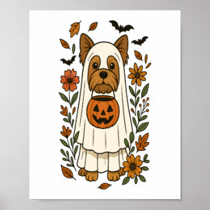 Halloween Yorkshire Terrier Flowers Halloween Poster