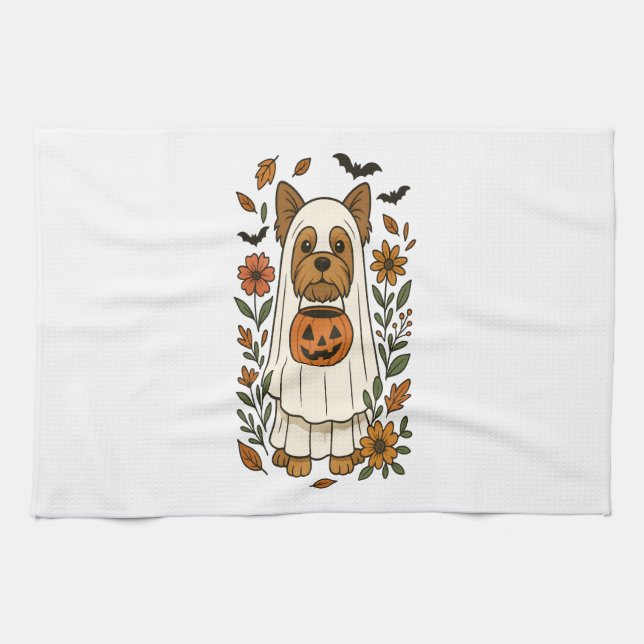 Halloween Yorkshire Terrier Flowers Halloween Tea Towel (Horizontal)