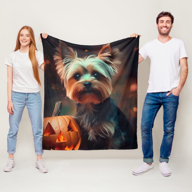Halloween Yorkshire Terrier With Pumpkins Scary Fleece Blanket (In Situ)