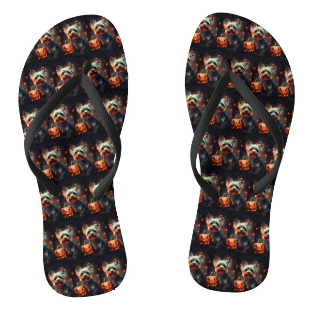 Halloween Yorkshire Terrier With Pumpkins Scary Flip Flops (Footbed)