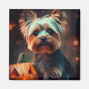 Halloween Yorkshire Terrier With Pumpkins Scary Magnet