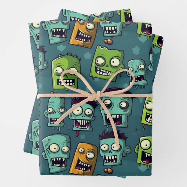 Halloween zombie design with green background wrapping paper sheet (In situ)