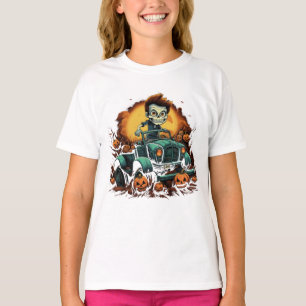 Halloween Zombie Driving Though Pumpkin Patch T-Shirt