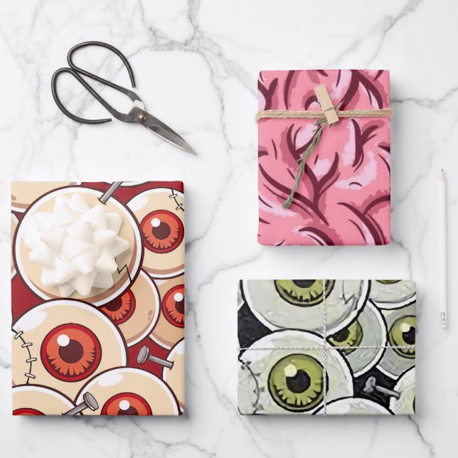 Halloween Zombie Eyes Brains Cartoon Pattern Party Wrapping Paper Sheet (Front)