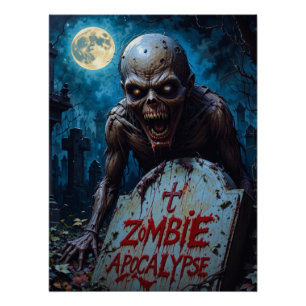 Halloween Zombie Ghoul Creepy Graveyard Fullmoon Poster