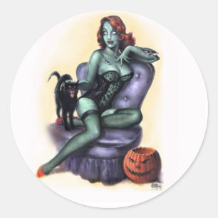 Halloween Zombie Girl Pin Up Classic Round Sticker