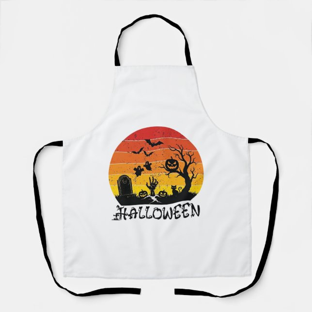 Halloween Zombie Hand Tombstone Tree Black Cat Bat Apron (Front)