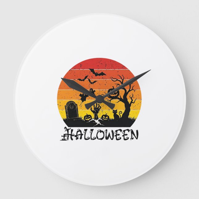 Halloween Zombie Hand Tombstone Tree Black Cat Bat Large Clock (Front)