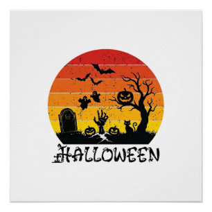 Halloween Zombie Hand Tombstone Tree Black Cat Bat Poster